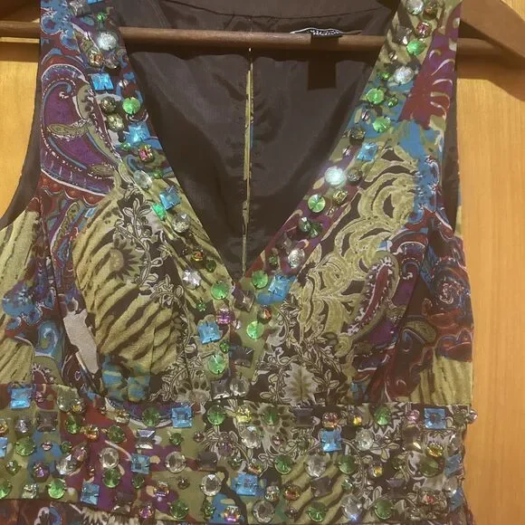 JS Boutique Womens Jeweled Babydoll Multicolor Silk Dress Size 6 Artsy Fairy - Picture 4 of 11